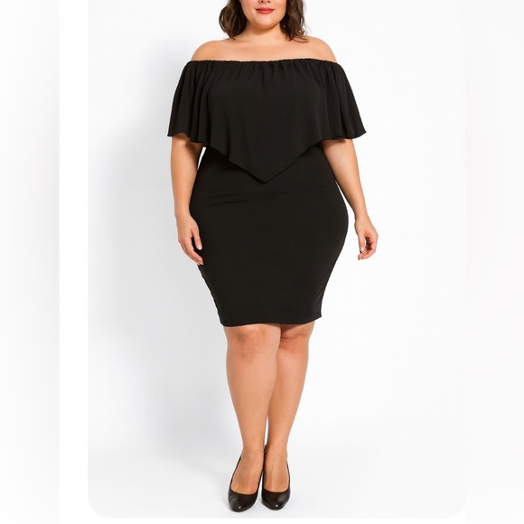 French Atmosphere dress black body con chiffon ruffle top off the shoulder SZ L - Picture 1 of 11